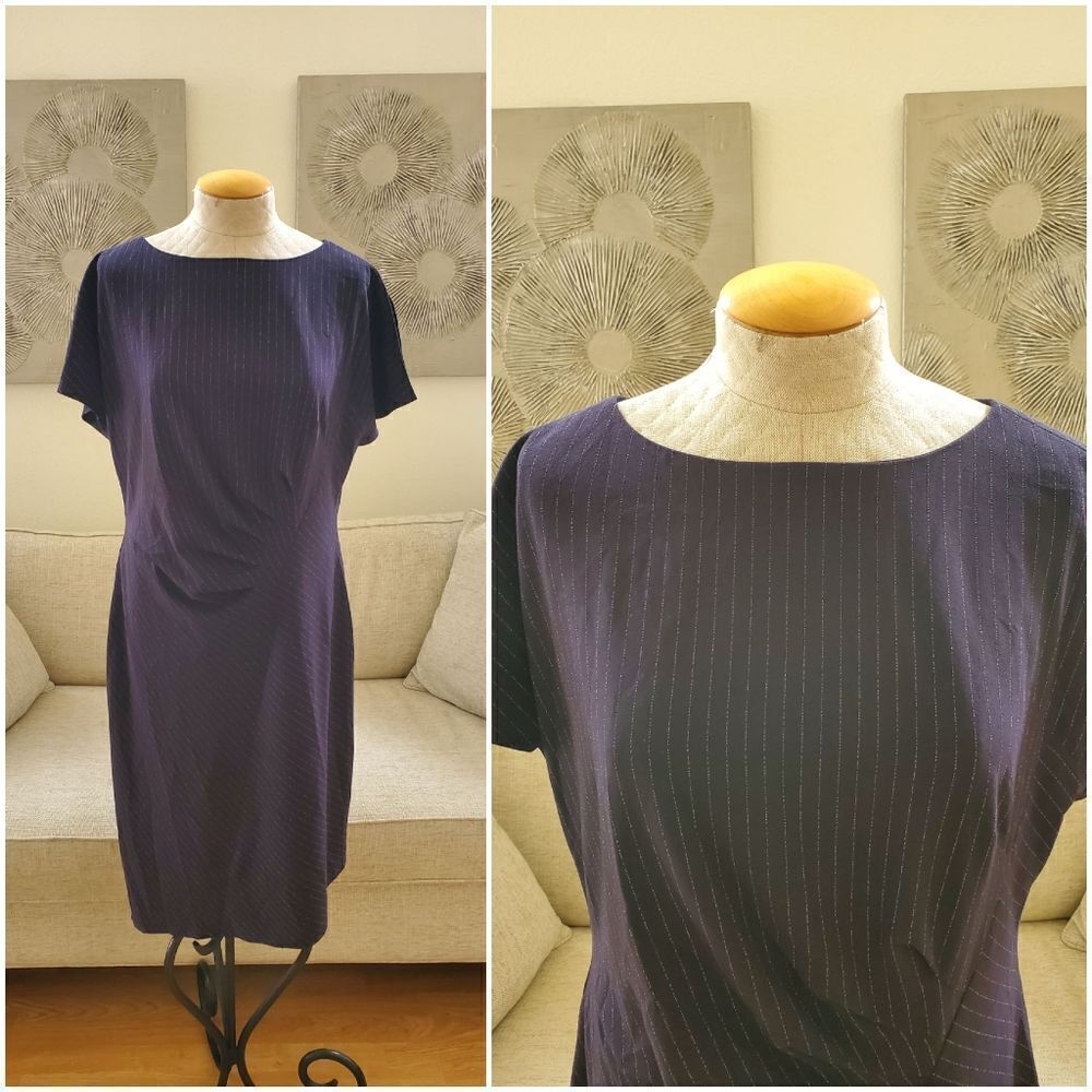 🌹 TAHARI 🌹 Flutter Sleeve Pinstripe Dress - [Size 16, Navy Blue]
